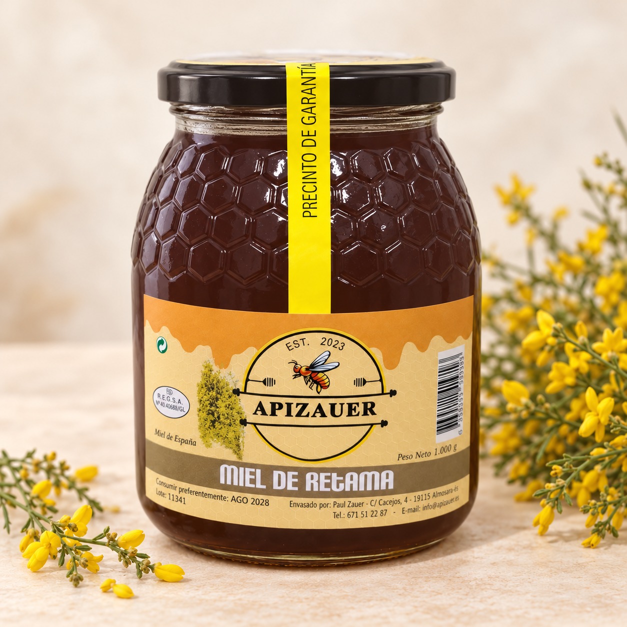 Tarro de miel de retama Apizauer de 1000 g